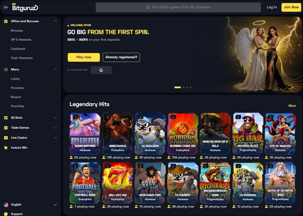 Bitguruz casino homepage showing the welcome bonus and top games